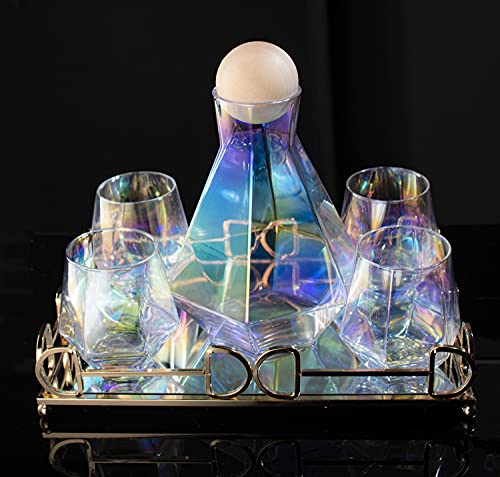 Iridescent Whiskey Decanter Diamond shaped With 4 Diamond Glasses & Mirrored Gold Tray Holder