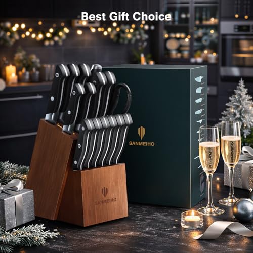 16 PCS Japanese Kitchen Knife Set with Block (16 Count)