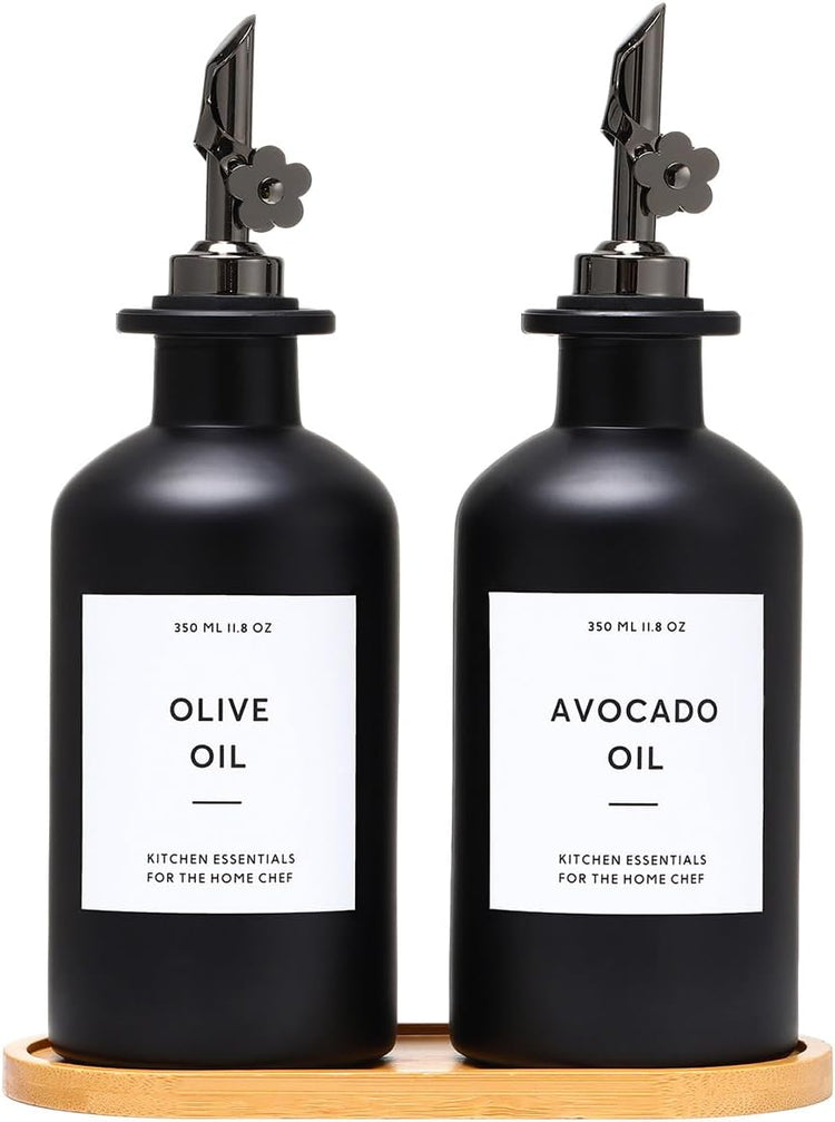 HOMCDALY Olive Oil Dispenser for Kitchen, 11.8oz Glass Kitchen Dispenser Bottle, Black Oil&Vinegar Cruet Set, Leakproof Olive Oil Bottles | Set of 2 (11.8oz – Black)