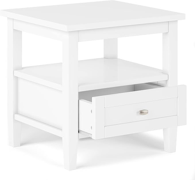 SIMPLIHOME Warm Shaker End Table - 20 inch Wide Solid Wood Side Table in White, Transitional Accent Table for Living Room or Bedroom with Drawer, Open Shelf and Square Tapered Legs