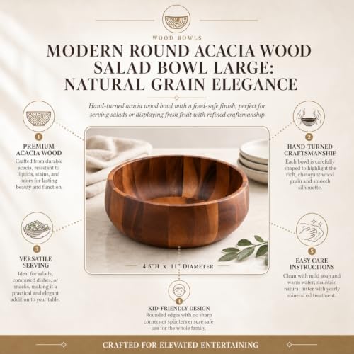 Modern Round Acacia Wood Serving Bowl for Fruits and Salads 4.5" H x 11" Diameter (4.5" Tall x 11" Diameter)
