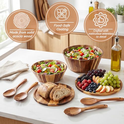 2 Sets 10" 12" Large Wooden Salad Bowls Set Acacia Wooden Mixing Serving Bowls Decorative with Serving Utensils and Cover for Fruits Salad Pasta Kitchen Party