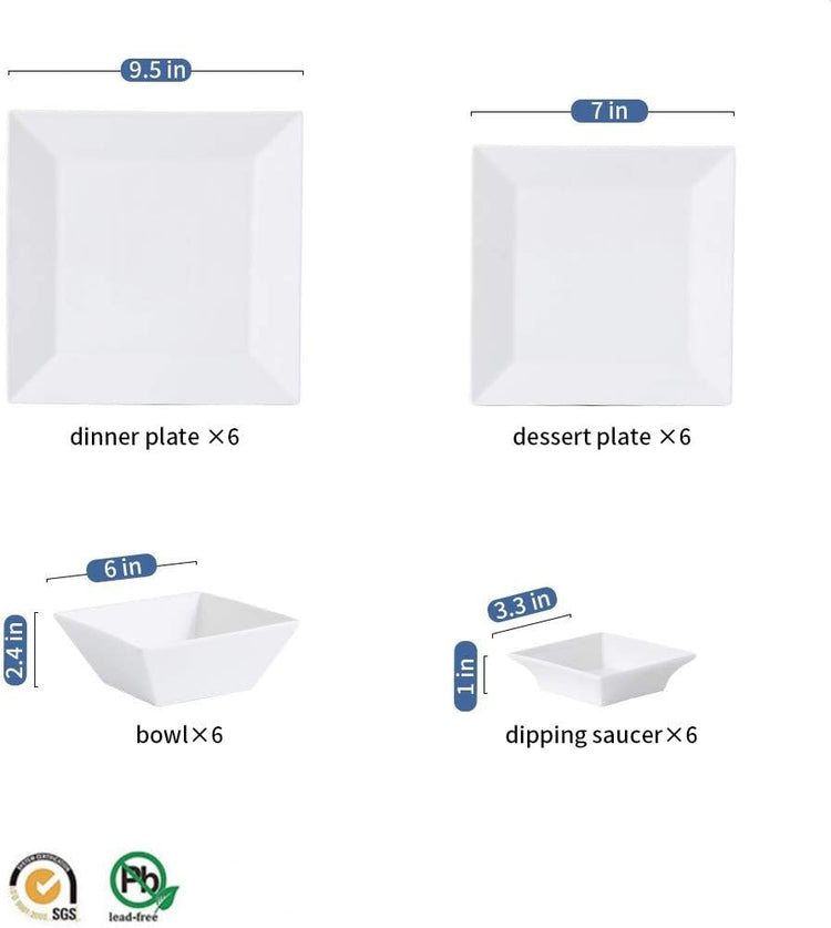 Porlien 24-Piece Classic Square Dinnerware Set for 6-Off White Plates