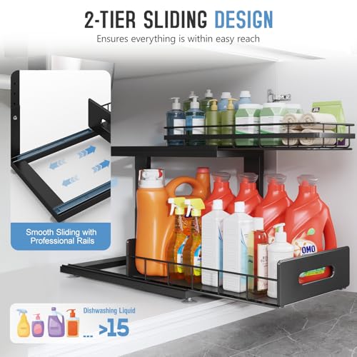 Under Sink Organizer Upgrade To Professional Rails (Black / 2 Pack-18.5"Dx12.8"-16.9"H)