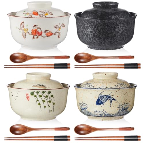 25oz Ramen Bowls Set of 4 Japanese Dinnerware Set with Lid (Mixed)