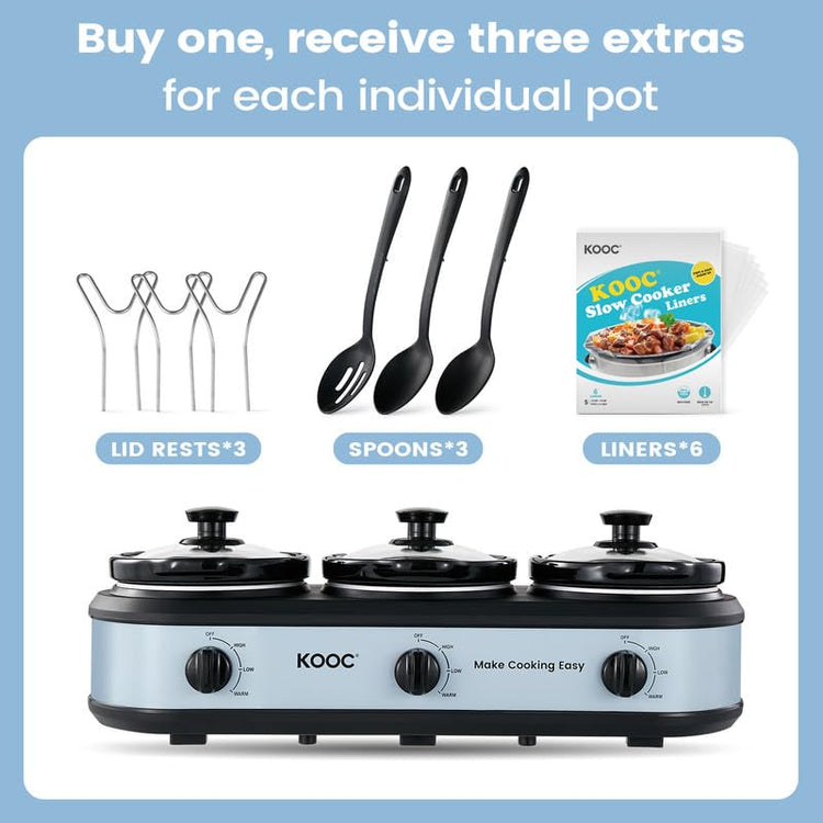 Triple Slow Cooker Buffet Server and Food Warmer 3x1.5 Quart Individual Temp Control With Lid Rests & Spoons With Liners Included Blue Grey
