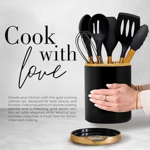 Black and Gold Kitchen Utensils Set with Holder (8PC Black & Gold)