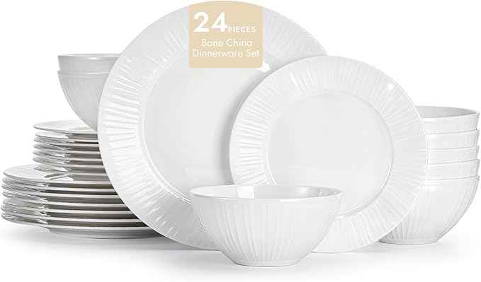 KINGSTONE Bone China Dinnerware Set, 24-Piece White Lightweight Porcelain with Textured Design Service for 8, Plates, Bowls, for Family Dining, Restaurants, Gifting,Microwave and Dishwasher Safe