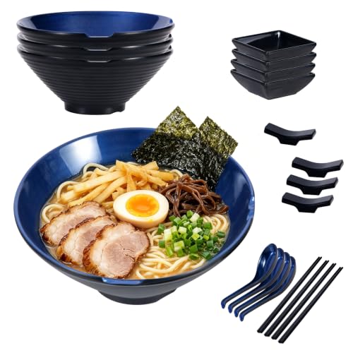 Unbreakable Melamine Ramen Bowl Set (4 piece set) (Blue-Black / Set-4)