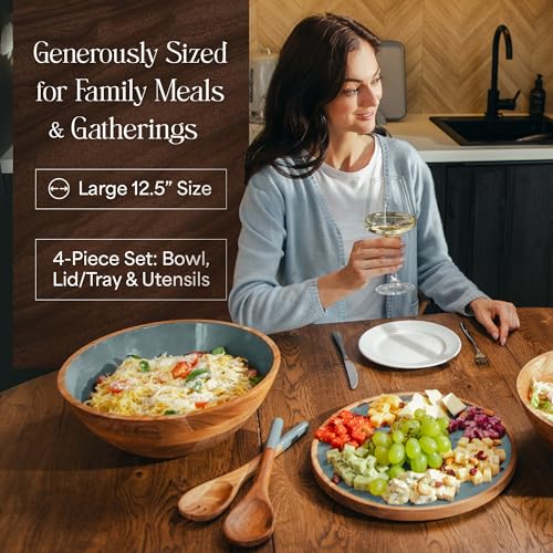 Large Wooden Salad Bowl Set 12.5 Inch with Serving Utensils (Seafoam / 12.5)