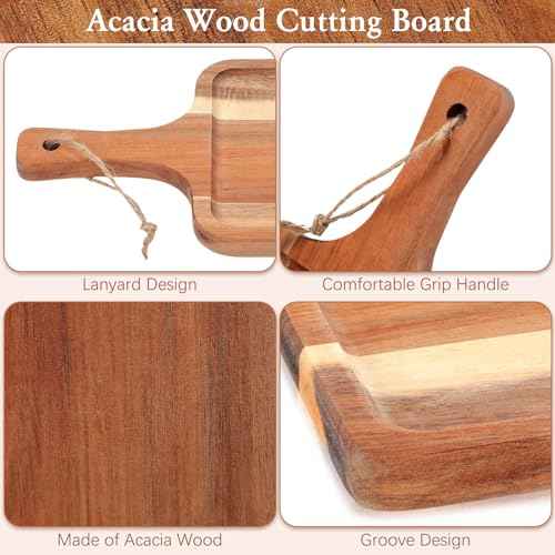 12 Set Acacia Wood Charcuterie Board with Knife Wooden Serving Tray with Groove Acacia Wood Cutting Board with Gift Box and Card for Wedding Baby Shower Housewarming Gift (12 Count)
