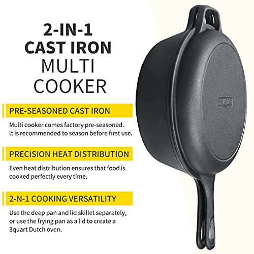 2-in-1 Pre-Seasoned Cast Iron Dutch Oven Pot with Skillet Lid Set, 10" Skillet 3QT Pot for Cooking, Baking, Frying and Camping (3QT)