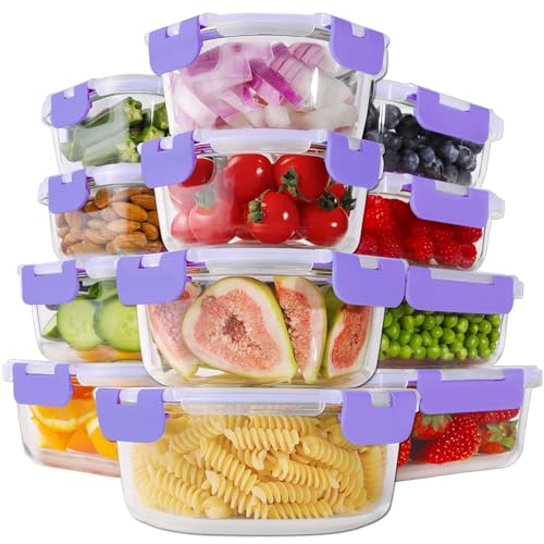 24pc Glass Food Storage Containers with Lids (Purple / 12 Pack)