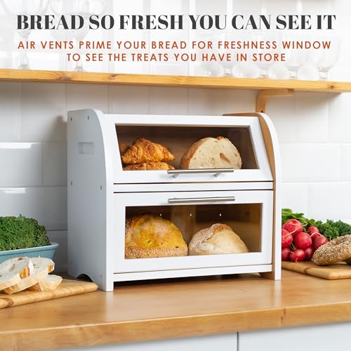 Arise Bamboo Wooden Bread Box for Kitchen Countertop (White)
