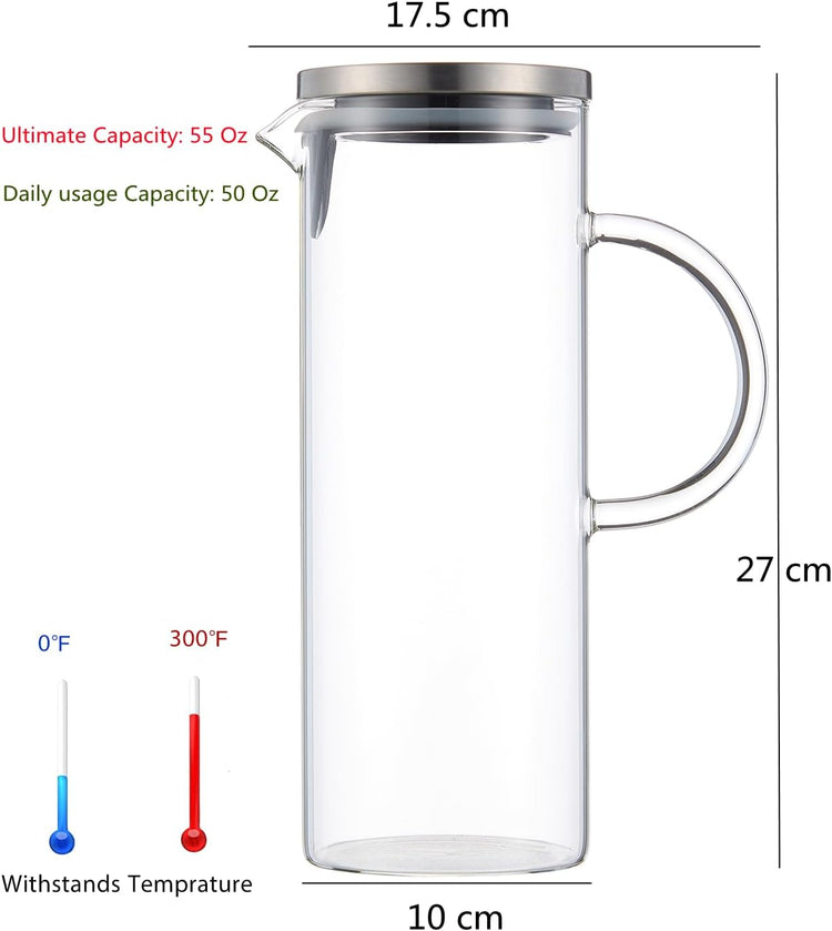 Karafu Pitcher, Glass Pitcher with Handle and Lid, 50 Oz Handmade Water Jug for Hot/Cold Water, Ice Lemon Tea and Juice Beverage