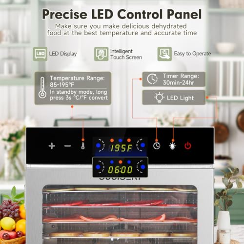 Food Dehydrator Machine 1000W 18 Trays Stainless Steel Commercial Food Dehydrated Dryer with 24H Timer Touch (18 Count)