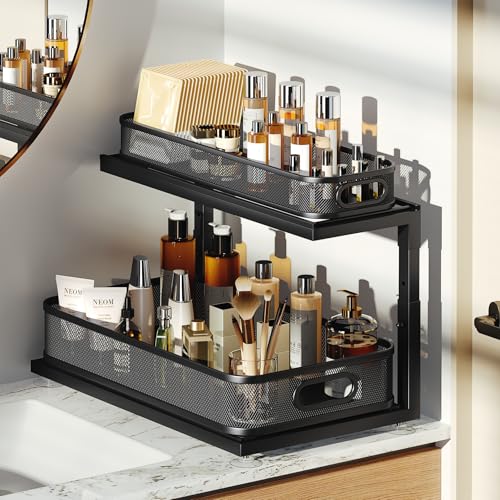 1 Pack 16"D Under Sink Storage Organizer with 2 (Black / 1 Pack-15.4"Dx11.8"-16.7"H)