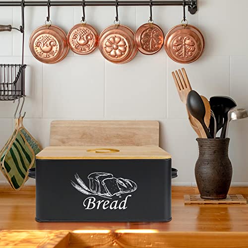 Bread Box with 3pcs Jars Coffee Sugar Tea for Kitchen Countertop White Metal Bread Box with Bamboo Board Cover Pastry Storage Container Set Kitchen decor (Black Box)
