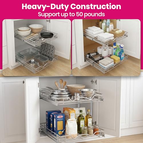 2-Tier Pull-Out Cabinet Organizer for Kitchen, 11" W x 21”D x 16.5" H (11 Inch / Two Tier)
