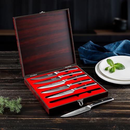 Damascus Steak Knife Set Non Serrated Steak Knives Set of 6 (6 Count)
