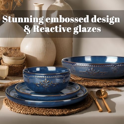 4 Piece Handcrafted Ceramic Dinnerware Set with Pasta Bowls (Damask Floral (4 Pieces) (Blue))