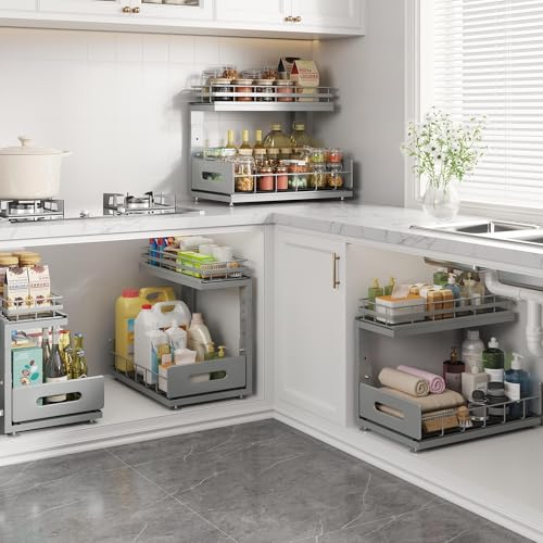 Under Sink Organizer Upgrade To Professional Rails (Gun Gray / 2 Pack-14.5"Dx12.8"-16.9"H)
