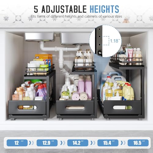 Under Sink Organizer Upgrade To Professional Rails (Black / 2 Pack-21"Dx12.8"-16.9"H)