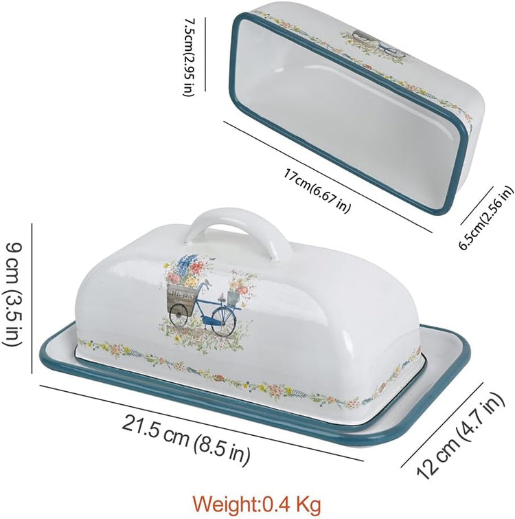 Enamel Butter Dish with Lid Vintage Enamelware Butter Keeper with Flower and Bird Patterns Farmhouse Butter Container Butter holder for Countertop Kitchen Decor Blue