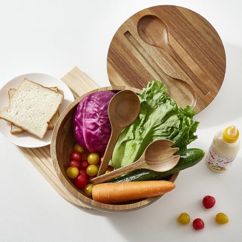 Salad Bowls Wood Salad Bowl Set with Lid Acacia Wood Serving Bowl for Fruits or Salads 10.5" Large Serving Bowl with Serving Utensils (10.5in wood salad bowl)