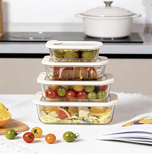 Glass Food Storage Containers with Glass Lids (Ivory White -4p)