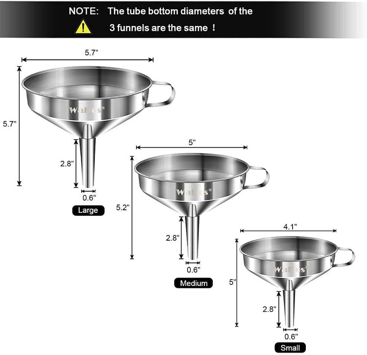 Stainless Steel Funnel, Walfos 3 Pack Kitchen Funnel with 2 Removable Strainer & 1Pcs Cleaning Brush, Perfect for Transferring of Liquid, Oils, Jam, Dry Ingredients & Powder