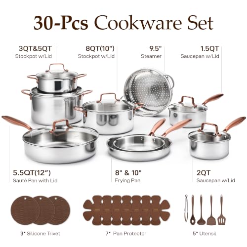 30 PCS Tri Ply Stainless Steel Cookware Set Pots and Pans Set