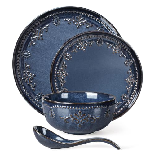 4 Piece Handcrafted Ceramic Dinnerware Set (Damask Floral (4 Pieces) (Blue))