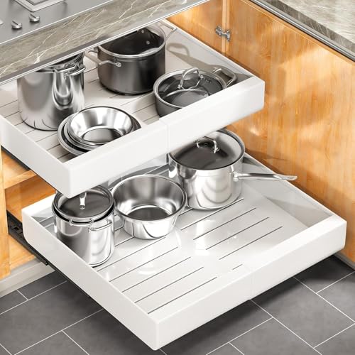Pull out Cabinet Organizer (White / 21"D×12"-20"W(2 Pack))