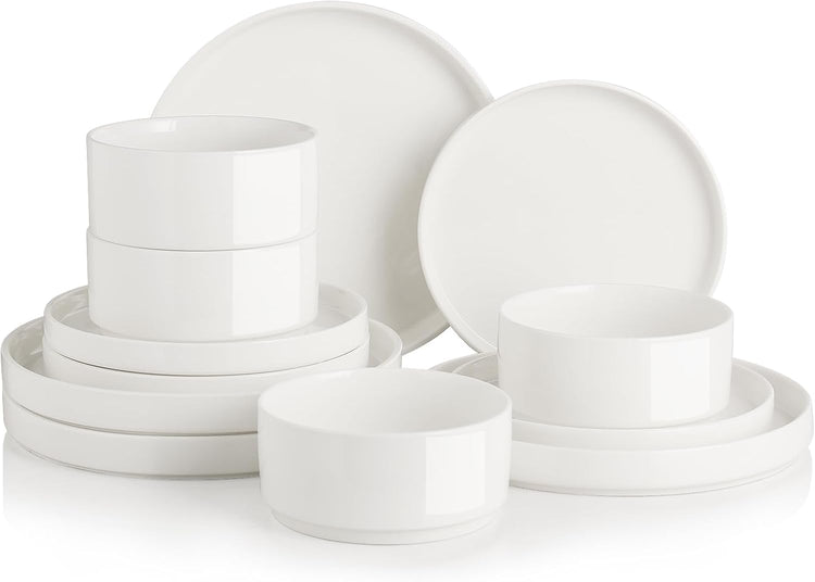Sweejar Porcelain Dinnerware Sets for 4, 12 Pieces Ceramic Plates and Bowls Set, Classic Modern Simple Kitchen Dinner Dining Ware Set, Dishwasher and Microwave Safe Dishes Sets(Pure White)