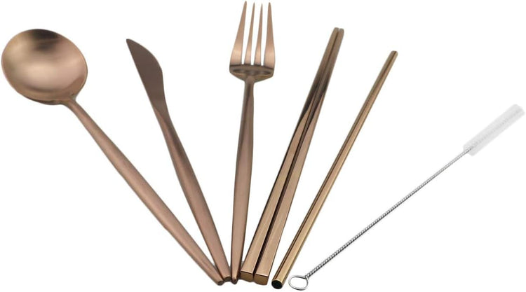 Gugrida Reusable Travel Utensils, 7 Piece Portable 304 Stainless Steel including Knife Fork Spoon Chopsticks Cleaning Brush Straws Portable Pouch, Eco-friendly Camping Silverware Set, Dishwasher Safe