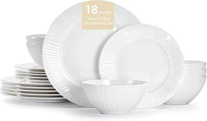 KINGSTONE Bone China Dinnerware Set, 18-Piece White Lightweight Porcelain with Textured Design Service for 6, Plates, Bowls, for Family Dining, Restaurants, Gifting,Microwave and Dishwasher Safe