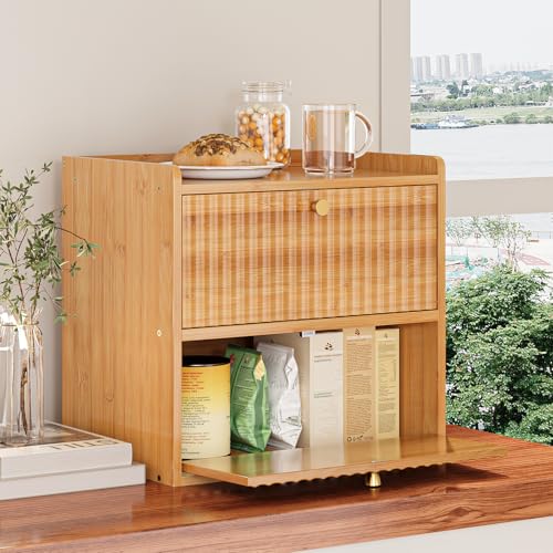 Rustic Bread Box for Kitchen Countertop Bamboo Bread Storage Container Bin Double Layer BreadBox Farmhouse Large Capacity Food Organizer (Natural Bamboo)