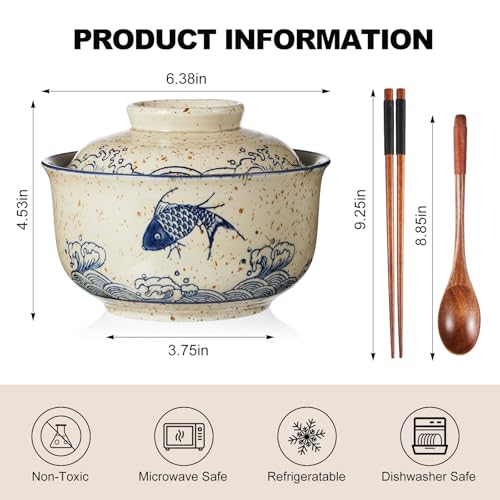 25oz Ramen Bowls Set of 4 Japanese Dinnerware Set with Lid (Mixed)