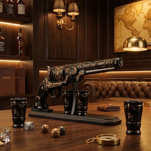 Gifts for Men Dad Hand Painted Pistol Gun Whiskey Decanter Set & Shot Glass