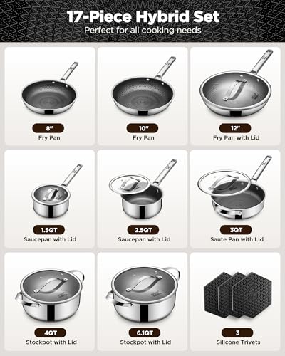 Pots and Pans Set Hybrid Stainless Steel (17 Count)