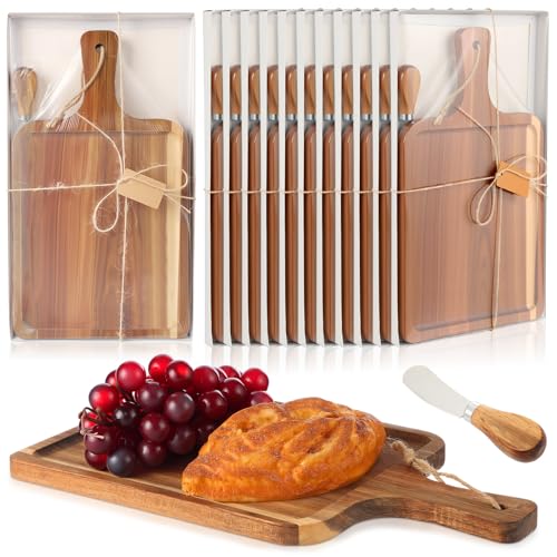 12 Set Acacia Wood Charcuterie Board with Knife Wooden Serving Tray with Groove Acacia Wood Cutting Board with Gift Box and Card for Wedding Baby Shower Housewarming Gift (12 Count)