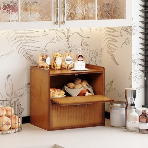 Rustic Bread Box for Kitchen Countertop Bamboo Bread Storage Container Bin Double Layer BreadBox Farmhouse Large Capacity Food Organizer (Brown)