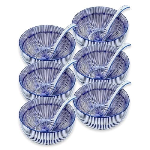 28Oz Ceramic Soup Ramen Bowl Set of 6 with Spoon Gift Box (6in-Dense-lined-6)