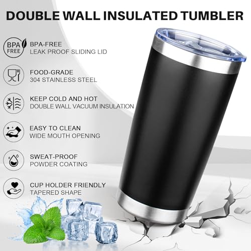 20oz Tumbler with Lid Double Wall Vacuum Insulated Travel Coffee Mug Stainless Steel Thermal Cup Powder Coated Sturdy Coffee Tumbler for Hot and Cold Beverage (20 Ounces / Black)