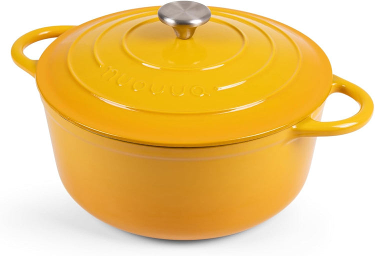 Nuovva Enamelled Cast Iron Dutch Oven Pot with Lid 6.4 Quart Non Stick Casserole Pot – Heavy Duty & Oven Safe up to 500° F for Bread Baking, Braising, Stews, Roasting – 28cm Yellow - Nestoria