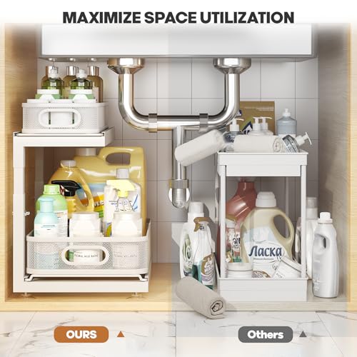 2 Pack Under Sink Storage Organizer with 2 (White / 2 Pack-15.4"Dx11.8"-16.5"H)