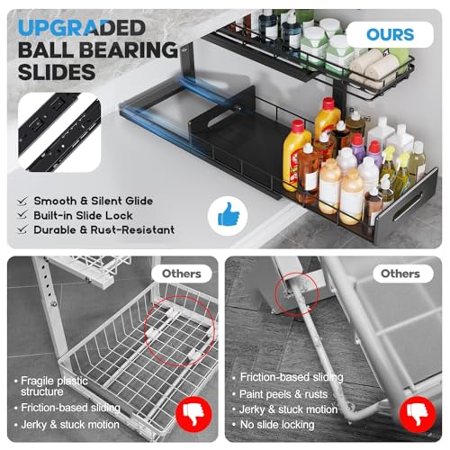 Under Sink Organizer Upgrade To Professional Rails (Black / 2 Pack-21"Dx12.8"-16.9"H)