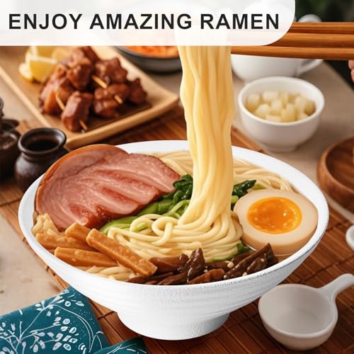 8 Inch Ramen Bowl Set 4 Large Japanese Bowls Ceramic Microwavable 16pcs (Pure White / 8 INCH 4 Set)