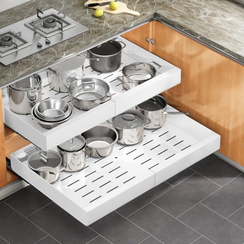 Pull out Cabinet Organizer (White / 17"D×18"-30"W(2 Pack))